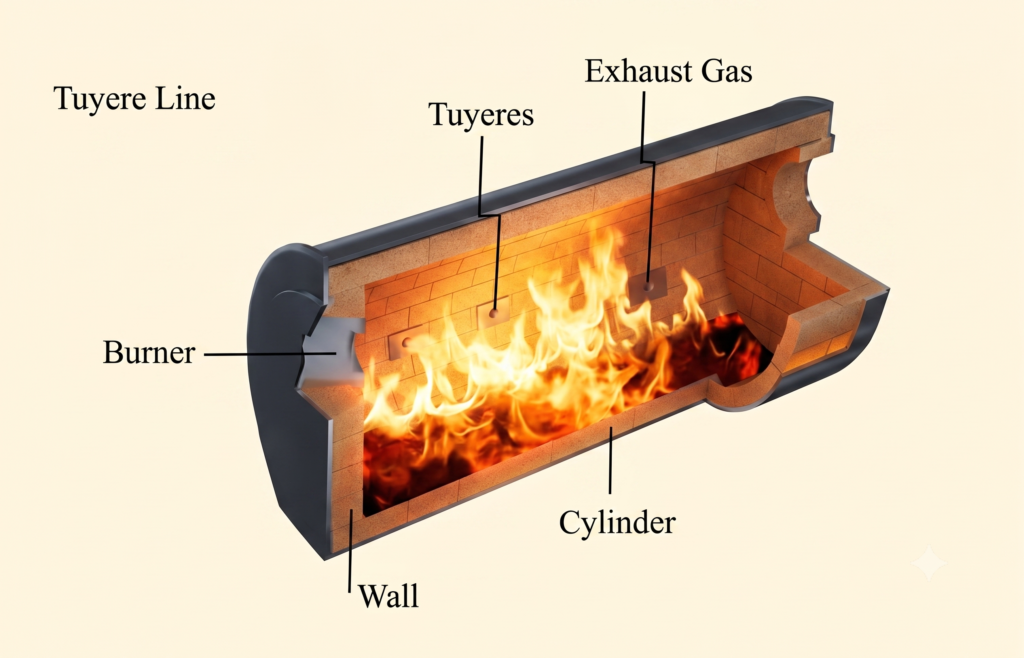 Copper anode furnace refractory zones including burner, tuyeres, exhaust gas, wall and cylinder