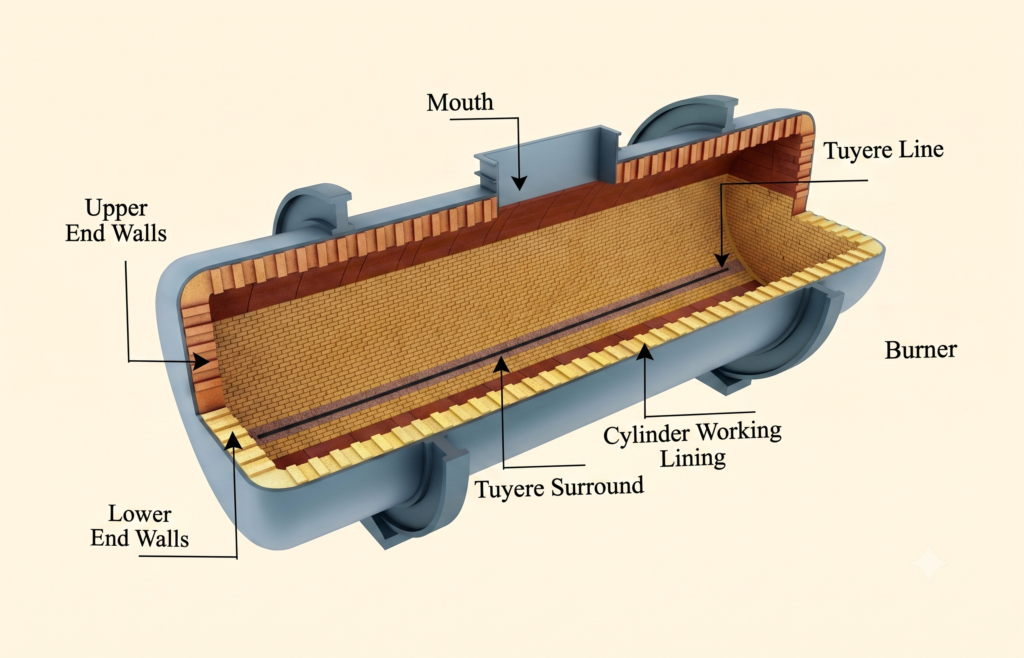 Copper converter refractory lining zones including mouth, tuyere line, end walls and cylinder working lining